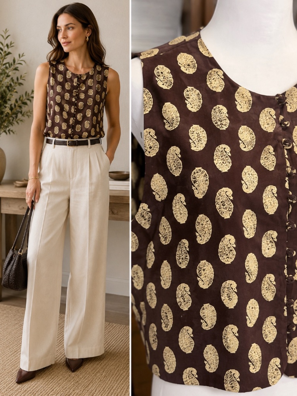 “Emanuel” Emanuel Ungaro 100% Silk Paisley Button Front Vest Brown Gold | Sz 16